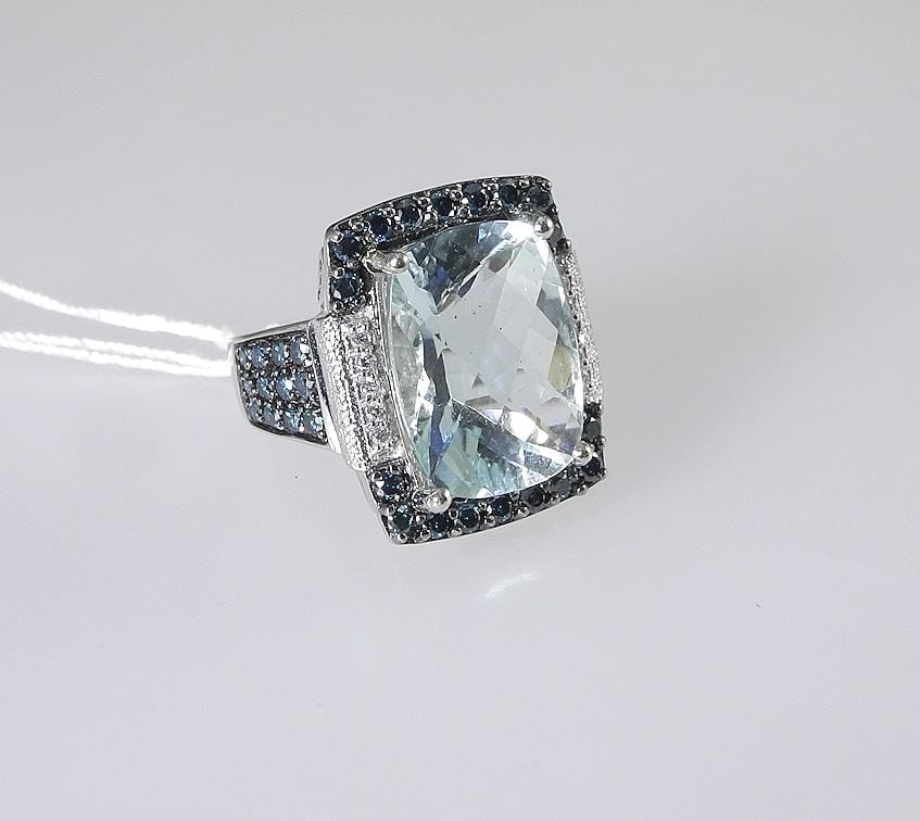 14K (marked) White Gold Aquamarine Blue & White Diamond Ring, Size 4 3/4, 9.1g. (1 of 4)