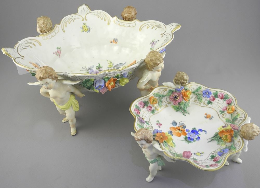 Dresden Porcelain Dishes Supported by Putti, 7 7/8 & 13 1/4"w. (1 of 6)