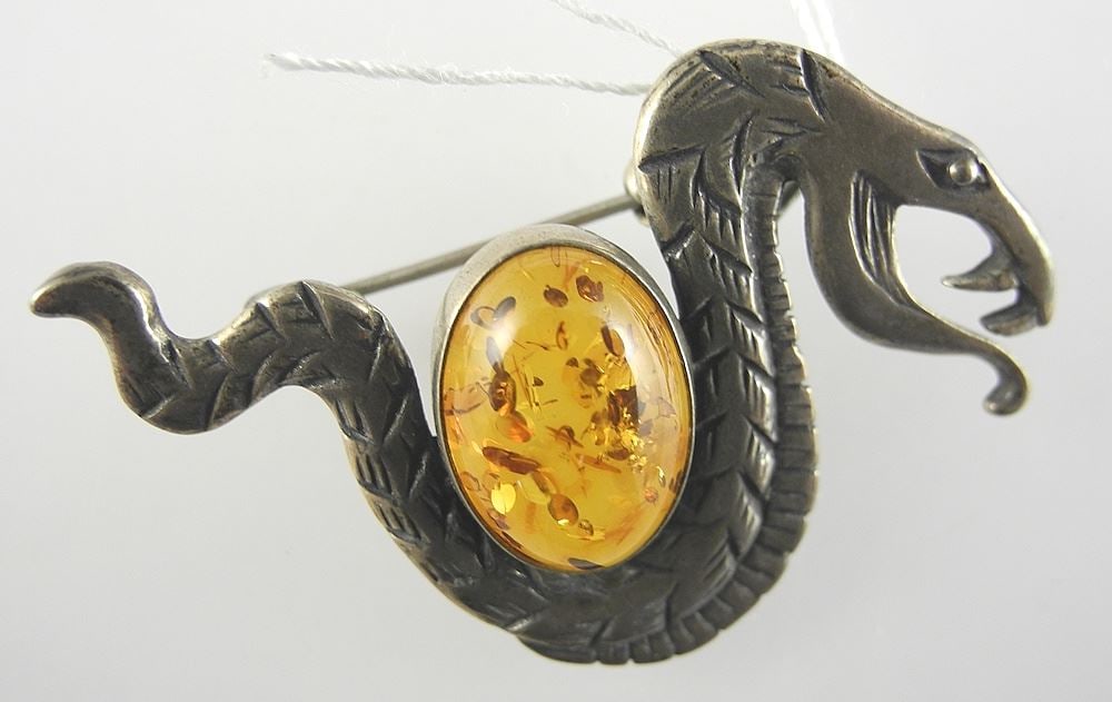 Sterling Silver (925) & Amber Serpent Pendant Brooch, 1 3/4"w, 6.0g. (1 of 1)