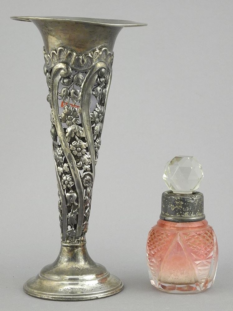 Two Hallmarked Silver Items: Weighted Posy Vase (5 7/8", 10.6g) & Scent Bottle, 2 7/8"h. (1 of 3)
