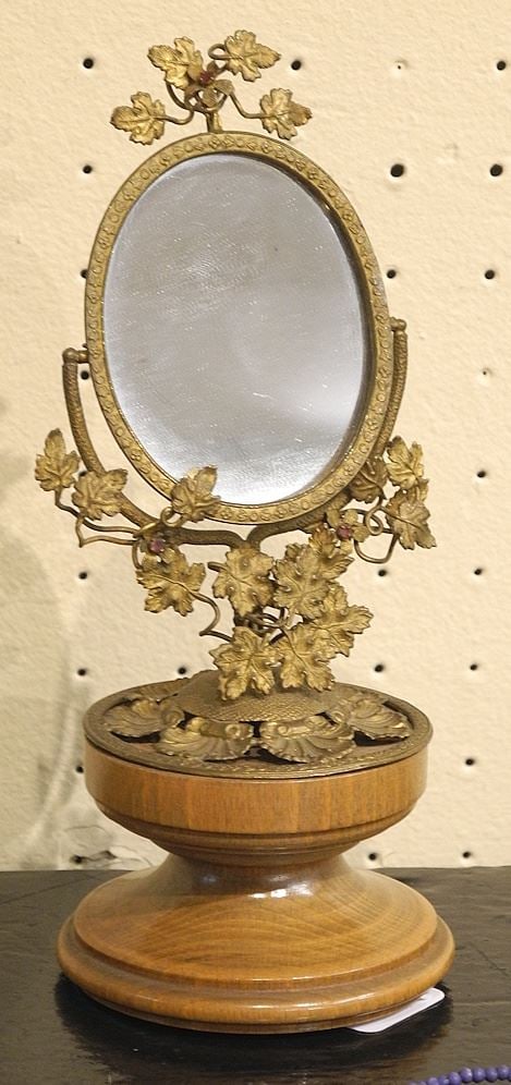 19th C. Petite Stamped Brass Dressing Mirror on Wood Base, 8"h. (1 of 2)