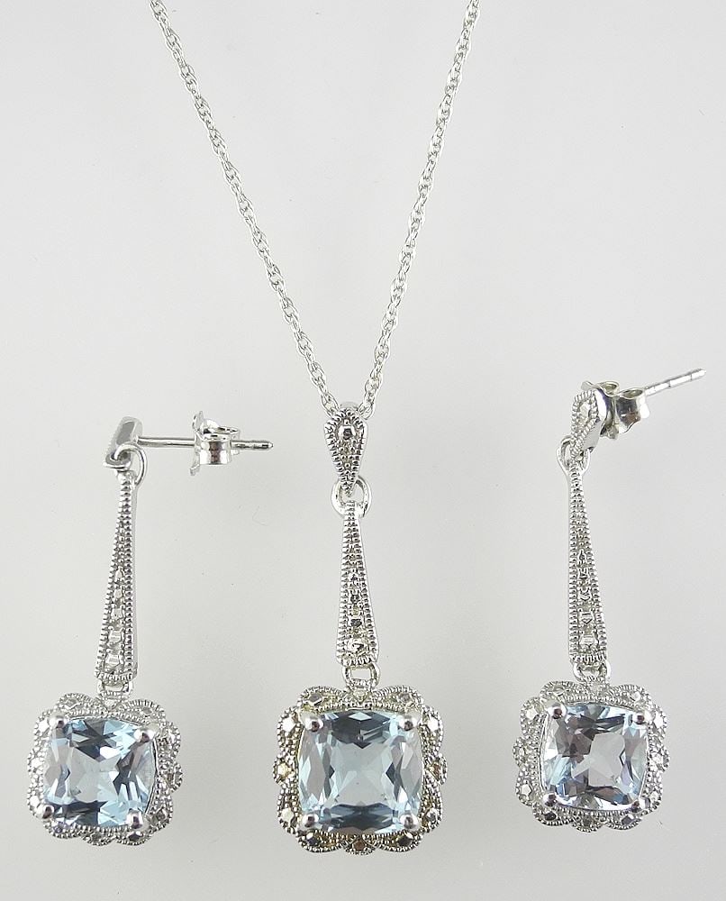 Sterling Silver (925) & Emerald Cut Topaz Earrings & Necklace, 17 1/2"L, 7.1g. (1 of 4)