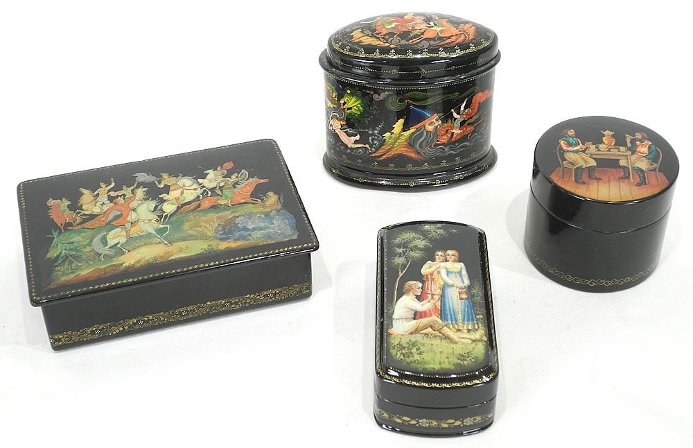 Four 20th C. Russian Lacquer Boxes, 2 1/2 - 6"w. (1 of 4)