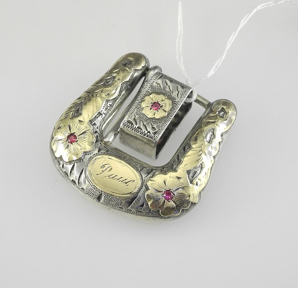 1947 Sterling Silver & 10K (marked) Gold & Ruby Ladies Ranger Belt Buckle, 1 1/2"w, 14.9g.: 1947 Sterling Silver & 10K (marked) Gold & Ruby Ladies Ranger Belt Buckle, 1 1/2"w, 14.9g.