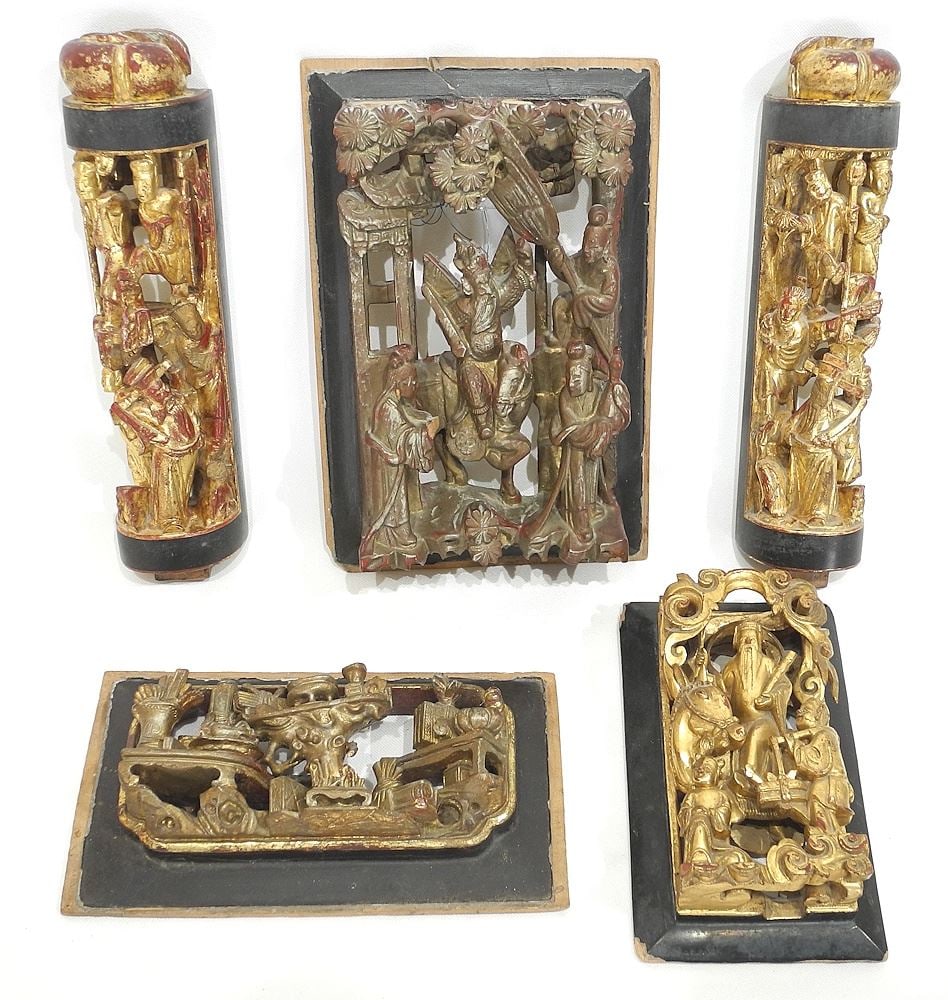 Five Chinese Gilt & Scarlet Lacquer Architectural Features, Largest 9 7/8 x 6 1/4". (1 of 2)