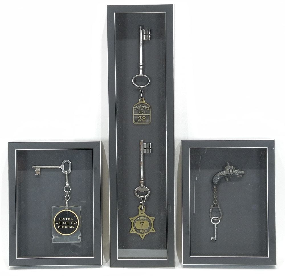 Collection of European Hotel Keys in Shadow Boxes.: Collection of European Hotel Keys in Shadow Boxes.