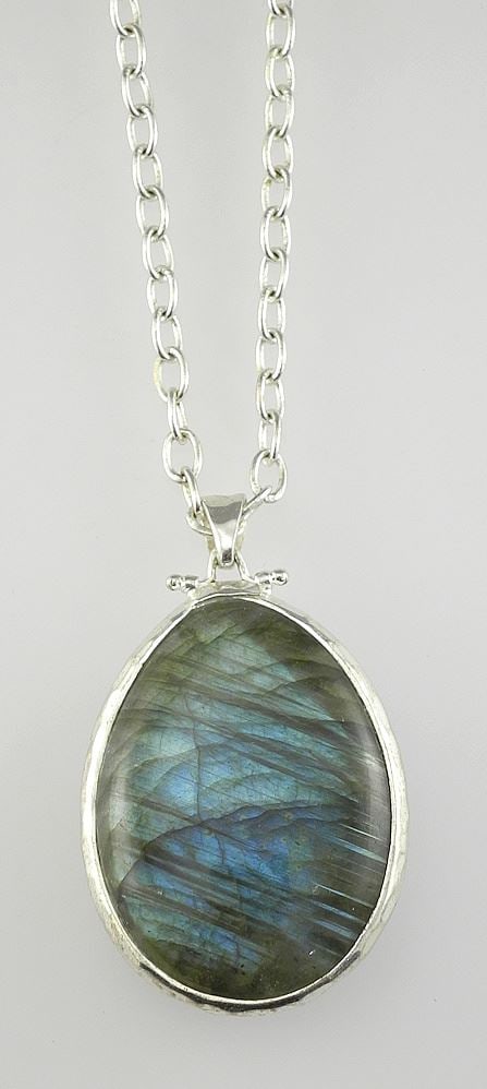 Sterling (tested) Necklace with Larimar & Labradorite Gemstone Pendant, 1 3/4". (1 of 3)