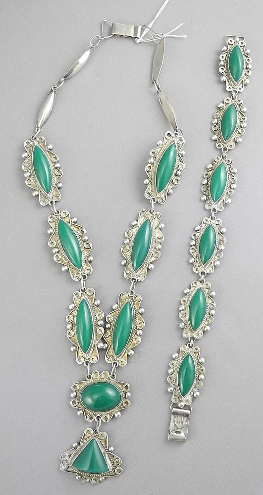 Vintage RMS Mexico Sterling & Green Onyx Gemstone Necklace & Bracelet, 15 & 7"L, 54.7g. (1 of 1)