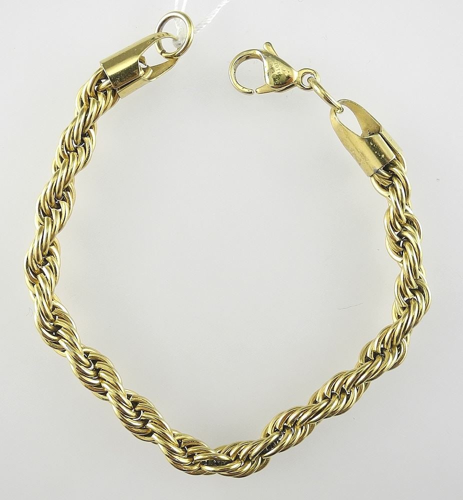 Unmarked Gold Tone Rope Twist Bracelet, 7 1/2"L, 14.6g.: Unmarked Gold Tone Rope Twist Bracelet, 7 1/2"L, 14.6g.