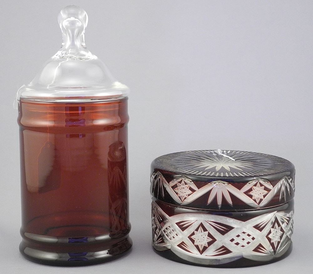 Ruby Glass Powder Jar & Covered Jar, 3 & 8"h.: Ruby Glass Powder Jar & Covered Jar, 3 & 8"h.