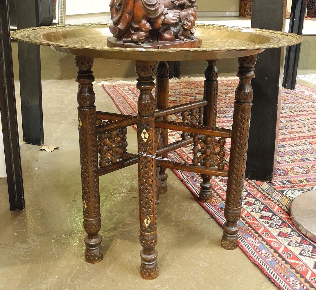 Chinese Brass Engraved Tray (24" diameter) on Syrian Folding Base, 18 3/4"h. (1 of 2)