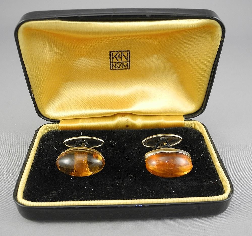 Pair of Soviet Gilt Silver & Amber Cufflinks (marked 875) w/box. (1 of 3)