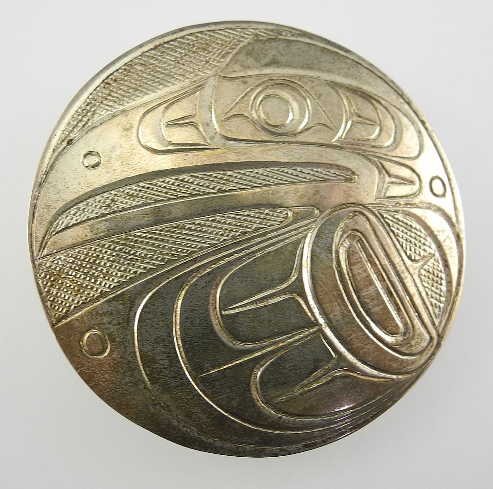 Northwest Coast Silver Brooch/ Pendant Monogrammed JH, 1 5/8" Diam. , 11.6g.: Northwest Coast Silver Brooch/ Pendant Monogrammed JH, 1 5/8" Diam. , 11.6g.