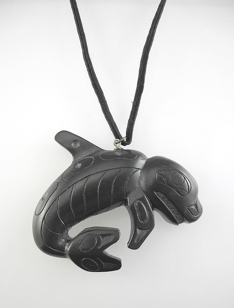 Argillite "Killer Whale" Pendant signed S.R. Collison Haida Canada, 2 1/2"w.: Argillite "Killer Whale" Pendant signed S.R. Collison Haida Canada, 2 1/2"w.