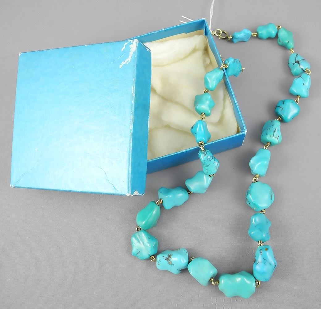 Baroque Rock Turquoise Necklace with 14K (tested) Findings, 20 1/2"L, 72.7g.: Baroque Rock Turquoise Necklace with 14K (tested) Findings, 20 1/2"L, 72.7g.