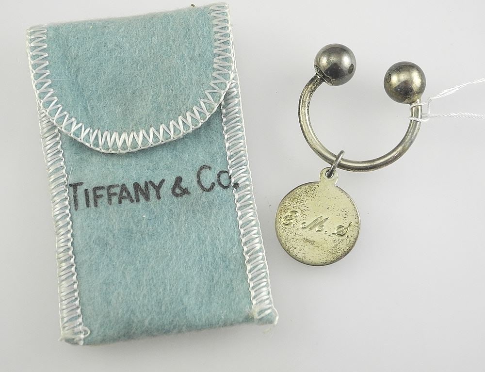 Tiffany & Co. Makers Sterling Silver Keychain, Monogrammed EMS, 9g, with Pouch.: Tiffany & Co. Makers Sterling Silver Keychain, Monogrammed EMS, 9g, with Pouch.