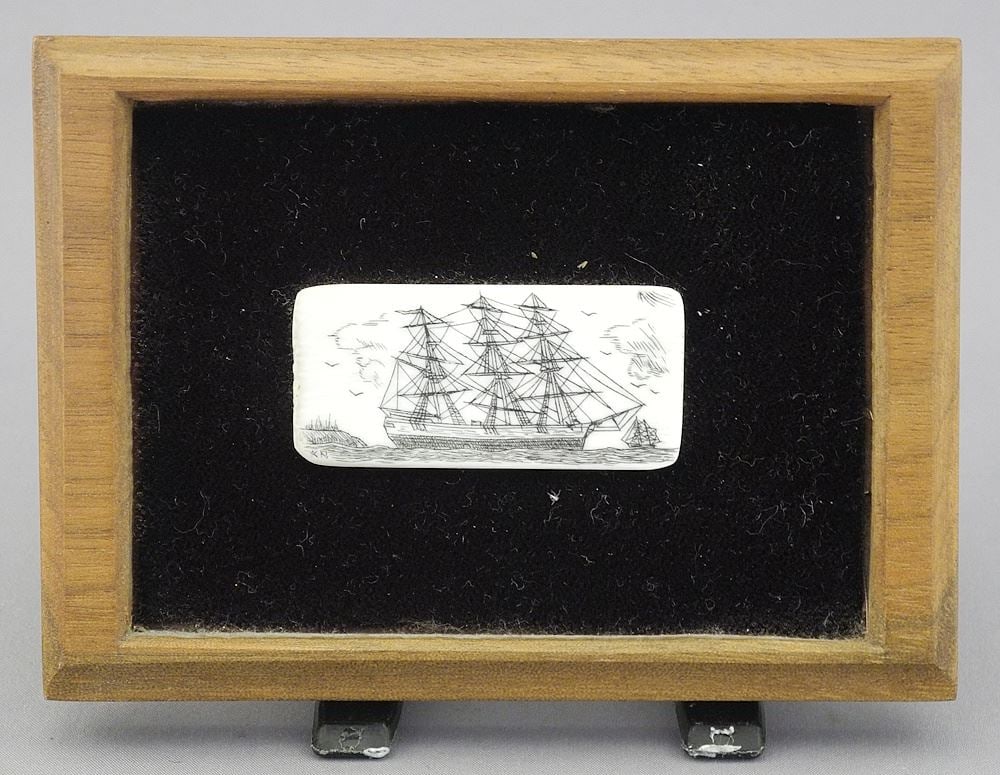 Miniature Scrimshaw Panel Carving Monogrammed KN, 1 3/4"w, NO EXPORT.: Miniature Scrimshaw Panel Carving Monogrammed KN, 1 3/4"w, NO EXPORT.
