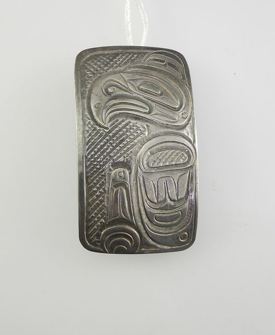Kwagiulth Silver Eagle Brooch/ Pendant Monogrammed DLL (Don Lancaster), 1 3/4"h, 8.8g.: Kwagiulth Silver Eagle Brooch/ Pendant Monogrammed DLL (Don Lancaster), 1 3/4"h, 8.8g.