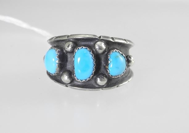 Southwest Silver & Turquoise Ring Marked ML Sterling, Size 9 3/4, 6.8g (1 of 3)