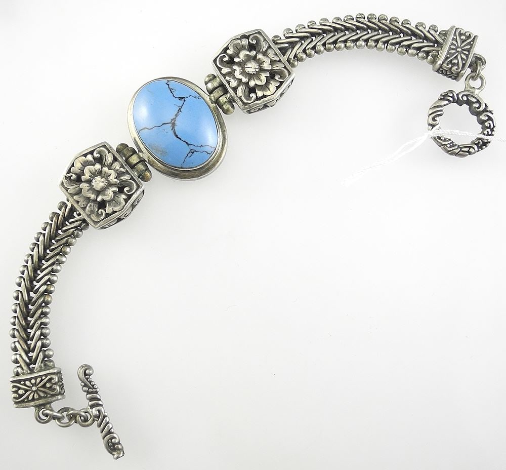 Southwest Silver (marked IN 925) & Turquoise Cabochon Bracelet, 7 1/4"L , 51.2g. (1 of 3)