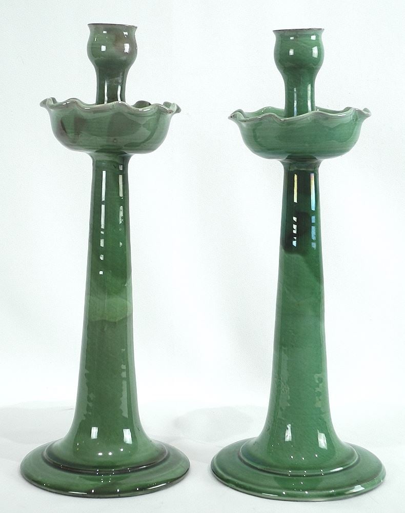Pair of C.H. Brannam Pottery Candlesticks Made for Liberty & Co.: Pair of C.H. Brannam Pottery Candlesticks Made for Liberty & Co.