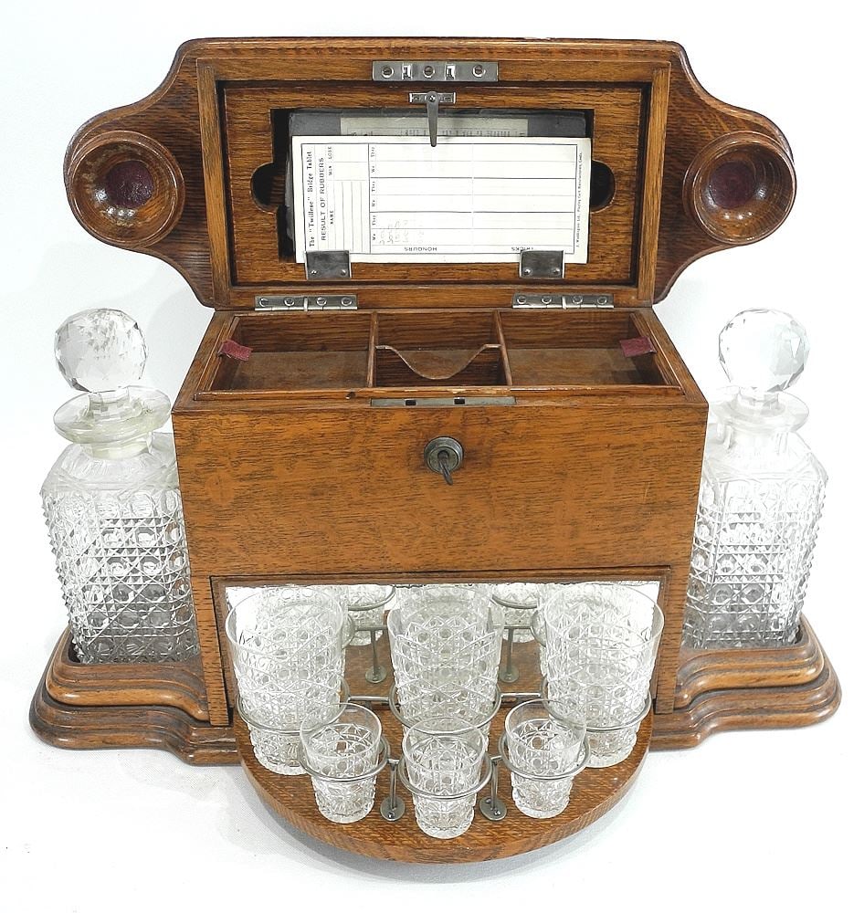 Oak Dual Bottle Tantalus, 11 x 20 3/4 x 7 1/2". (1 of 8)