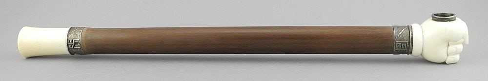 Chinese Silver Banded Bamboo Opium Pipe, 17"L, CBO w/ Stand, CANADIAN BIDDERS ONLY. (1 of 6)