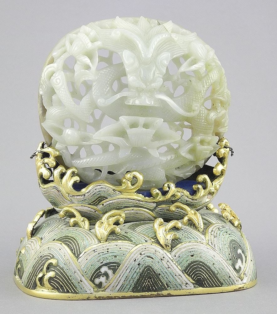 Chinese Jade "Dragon" Carving on Gilt Metal Cloisonne Base, 5 x 4 1/2 x 3 1/4". (1 of 9)