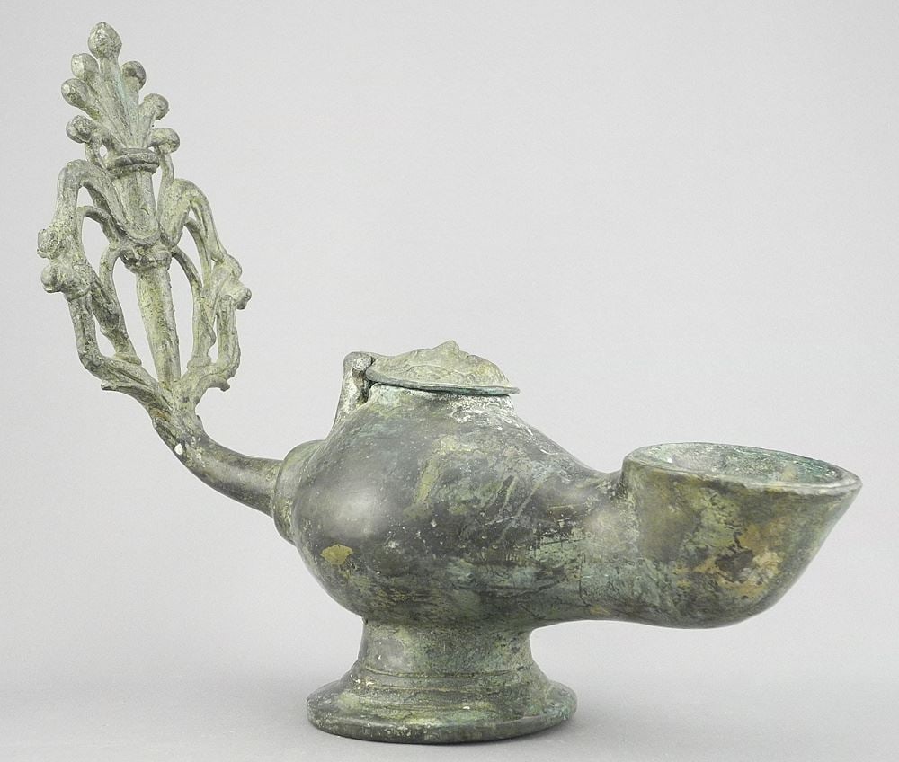 Grand Tour Roman Byzantine Style Bronze Oil Lamp, 8 7/8 x 4 3/8 x 10 3/8". (1 of 6)