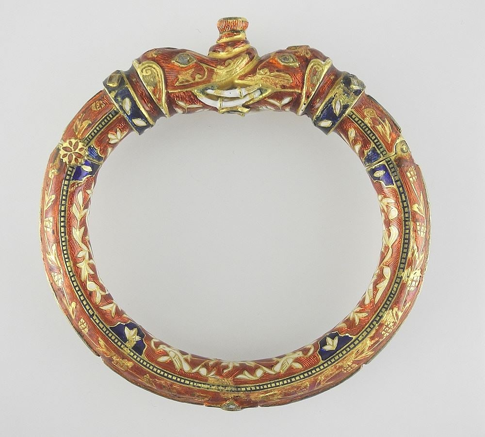 Mughal Style 22K (tested) Gold Enamel & Diamond Bangle, 3"w, 91.1g. (1 of 8)