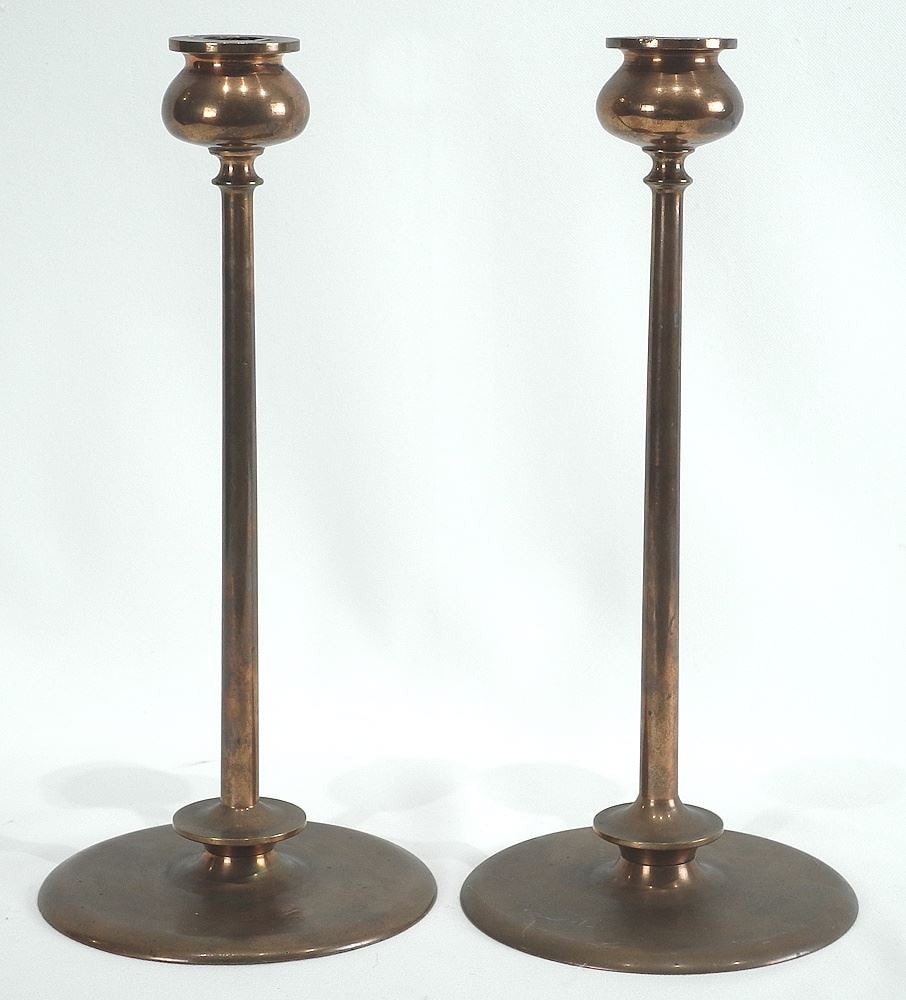 Pair of Arts & Crafts Copper Alloy Candlesticks, 12 1/4"h.: Pair of Arts & Crafts Copper Alloy Candlesticks, 12 1/4"h.