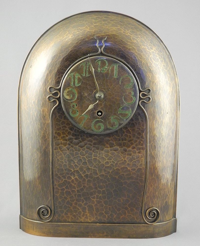 Arts & Crafts Peened Copper Table Clock, 11 1/8"h (enameled numerals noted). (1 of 7)