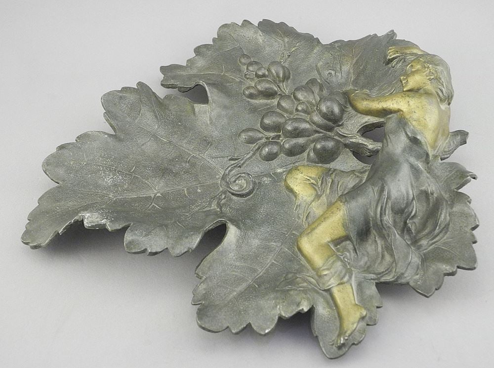 French Art Nouveau Bronze Dish signed (Alfred) Foretay with Foundry Mark, 10 3/4"h. (1 of 6)