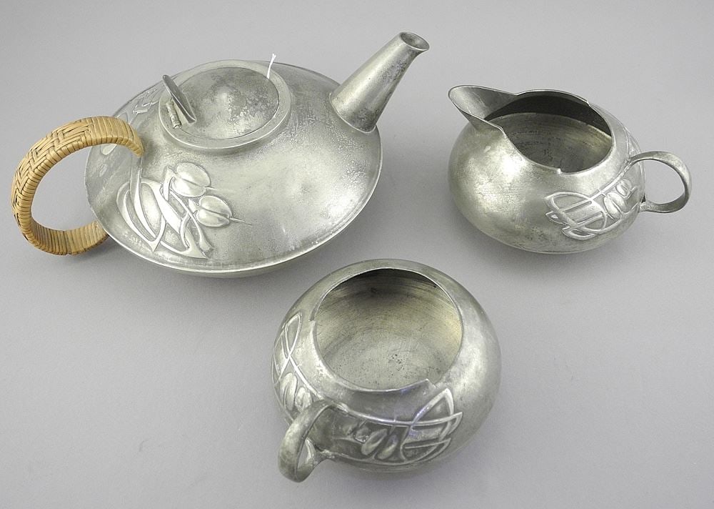 Liberty & Co. Archibald Knox Design Three Piece Tea Set, Model 0231, Pot 9 5/8"L. (1 of 6)