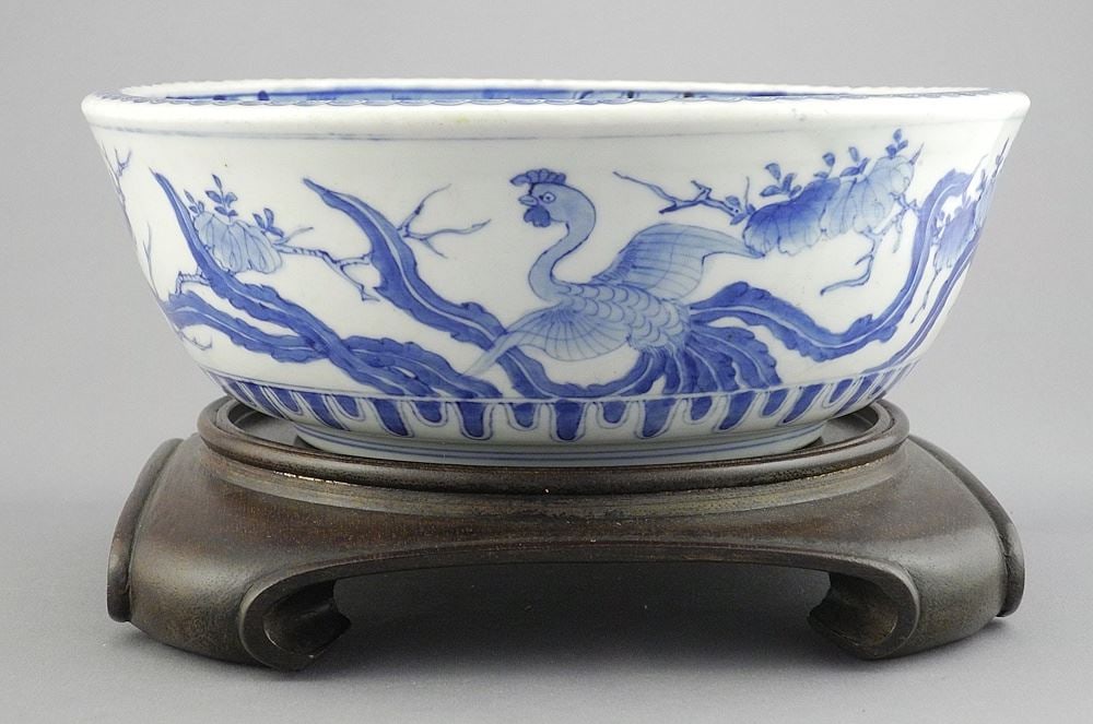 Japanese Blue & White Porcelain Persimmons Bowl (3 3/8 x 9 1/4" diam ), with Stand. (1 of 7)