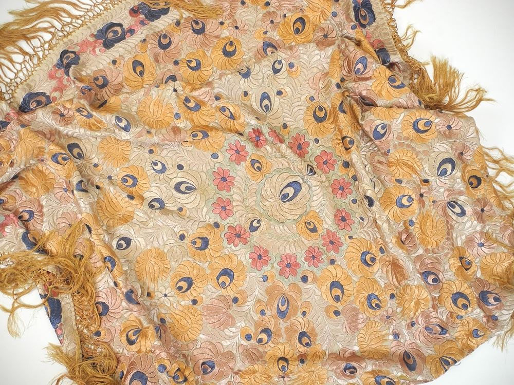 Silk Embroidery Fringed Shawl, Approximately 60 x 60". (1 of 6)