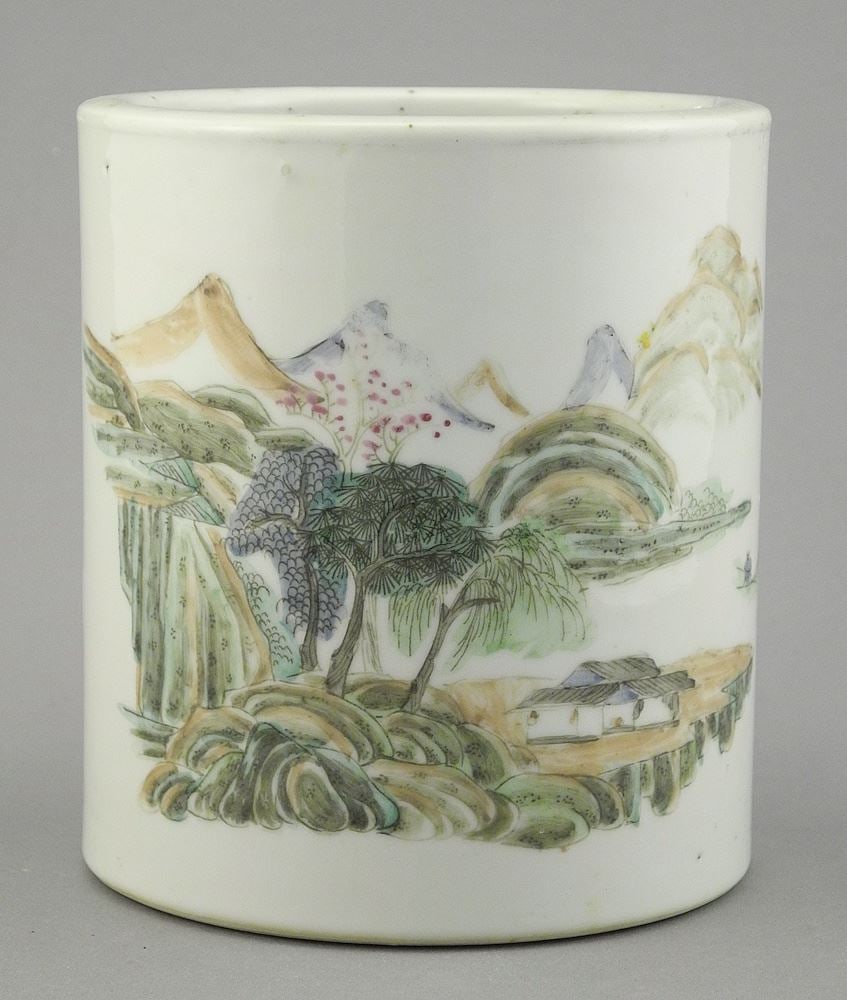 Chinese Porcelain Brush Pot with Overglaze Iron Red Mark, 5"h.: Chinese Porcelain Brush Pot with Overglaze Iron Red Mark, 5"h.