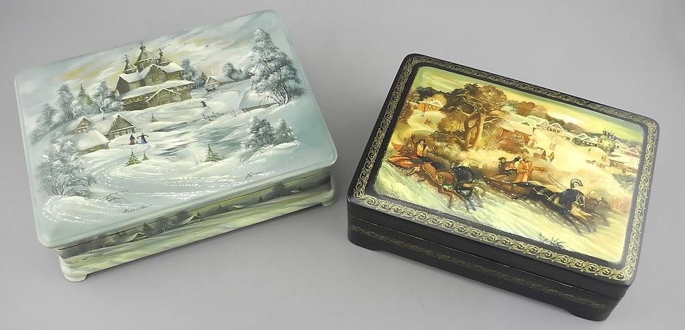 Two Russian Lacquer Boxes, 20th C., 7 7/8 & 8 3/8"w. (1 of 8)