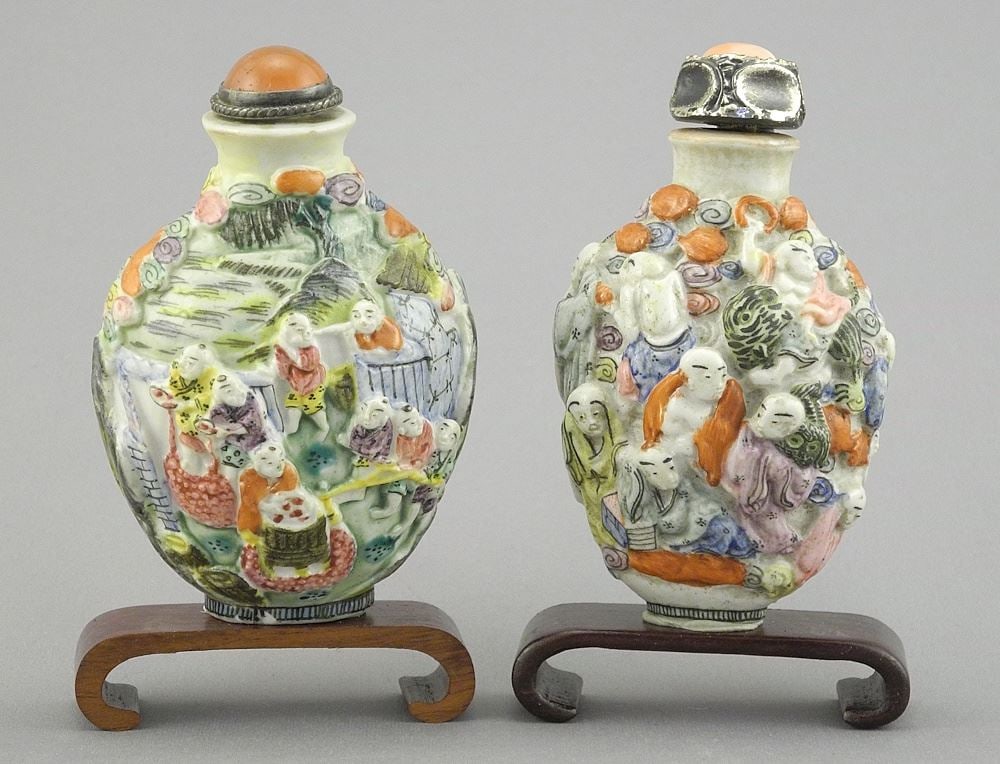 Two Qing Molded Porcelain Snuff Bottles, Qianlong Mark, 3 3/8"h w/ Stands. (1 of 4)