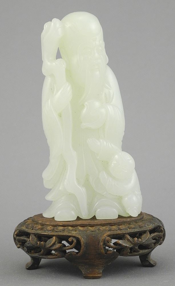 Chinese Carved Jade Figure of Shoulao (3 3/8"h) with Stand.: Chinese Carved Jade Figure of Shoulao (3 3/8"h) with Stand.