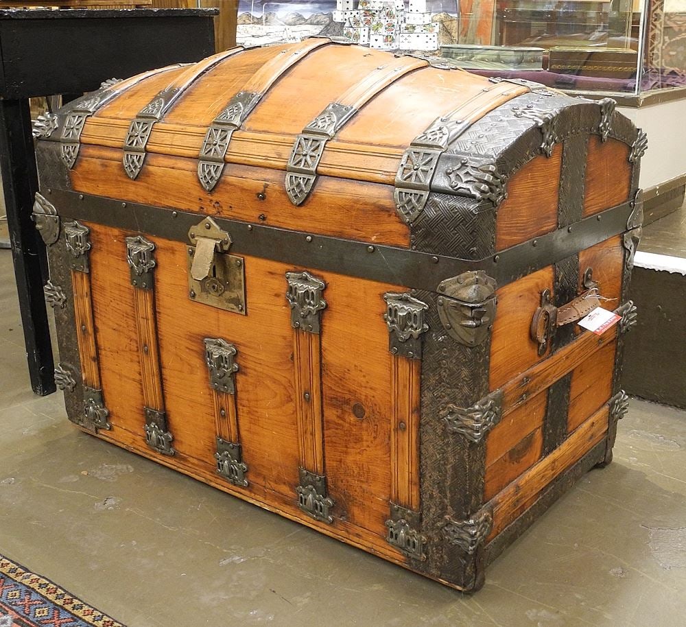19th C. Wood Bound Humpback Trunk, 37"w. (1 of 6)