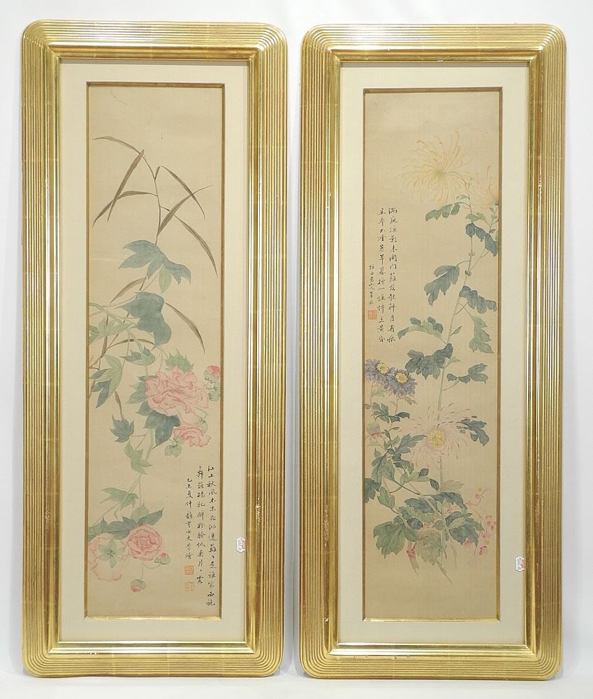 Pair of Chinese Ink & Color on Silk, 30 5/8 x 7 3/4".: Pair of Chinese Ink & Color on Silk, 30 5/8 x 7 3/4".