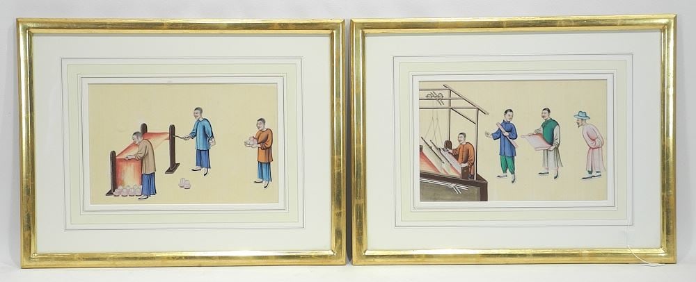 Eight 19th C. Chinese Pith Paintings Largest 6 3/8 x 10", "Textile Industries". (1 of 10)