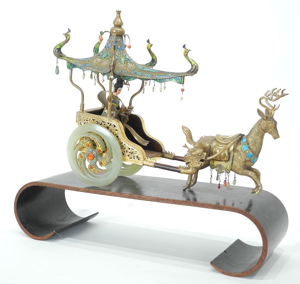 Chinese Export Silver (tests 80%) Jade/Turquoise/Coral Chariot (12"L) on Stand.: Chinese Export Silver (tests 80%) Jade/Turquoise/Coral Chariot (12"L) on Stand.