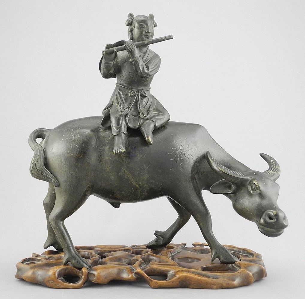 Chinese Silver Inlaid Ox & Rider with Naturalistic Stand, 10 1/8"L, 1940g.: Chinese Silver Inlaid Ox & Rider with Naturalistic Stand, 10 1/8"L, 1940g.