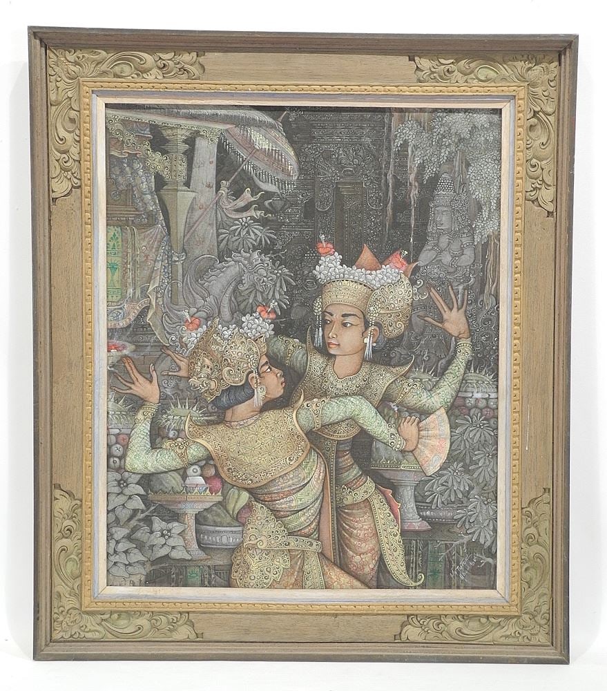 Balinese Mixed Media on Canvas signed (I) Wy (Wayan) Tutur, 21 1/4 x 17 1/4", "Temple Dancers (1 of 10)