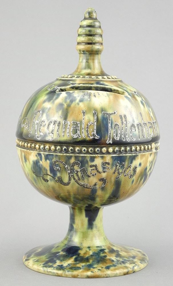 Scottish Pottery Coin Bank "Reginald Tottenham Xmas 1905", 6 7/8"h.: Scottish Pottery Coin Bank "Reginald Tottenham Xmas 1905", 6 7/8"h.