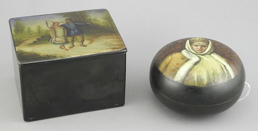 Two 19th C. Russian Lacquer Boxes, signed, Figural Subjects, 3 1/2" Diameter, 4"w. (1 of 6)