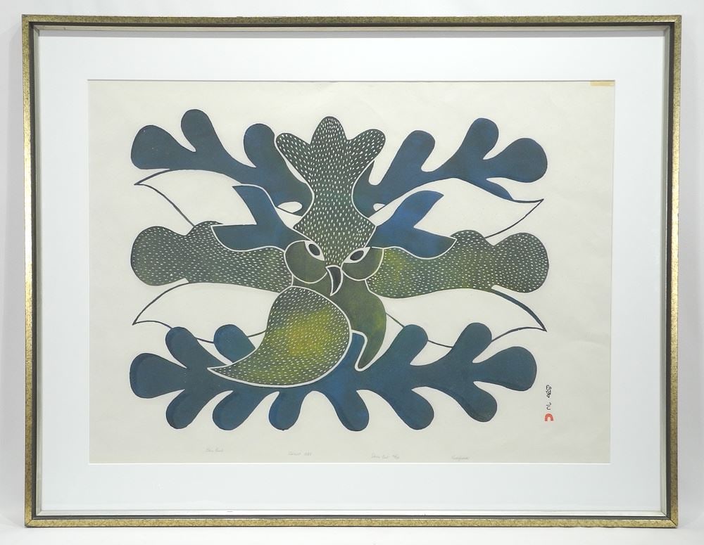 Stonecut signed Kenoujuak (Ashevak), 23 x 31 1/2", "Blue Owl" #26/50, 1989. (1 of 6)