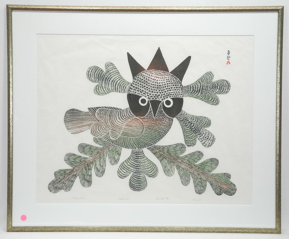 Stonecut signed Kenoujuak (Ashevak), 21 1/2 x 27 1/2", "Festive Owl" #38/ 50 1970. (1 of 7)